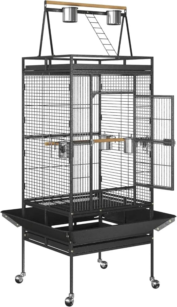 Playtop Parrot Cage With Wrought Iron Construction And Rolling Wheels for Mobility