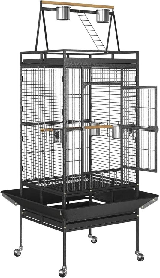 Playtop Parrot Cage With Wrought Iron Construction And Rolling Wheels for Mobility