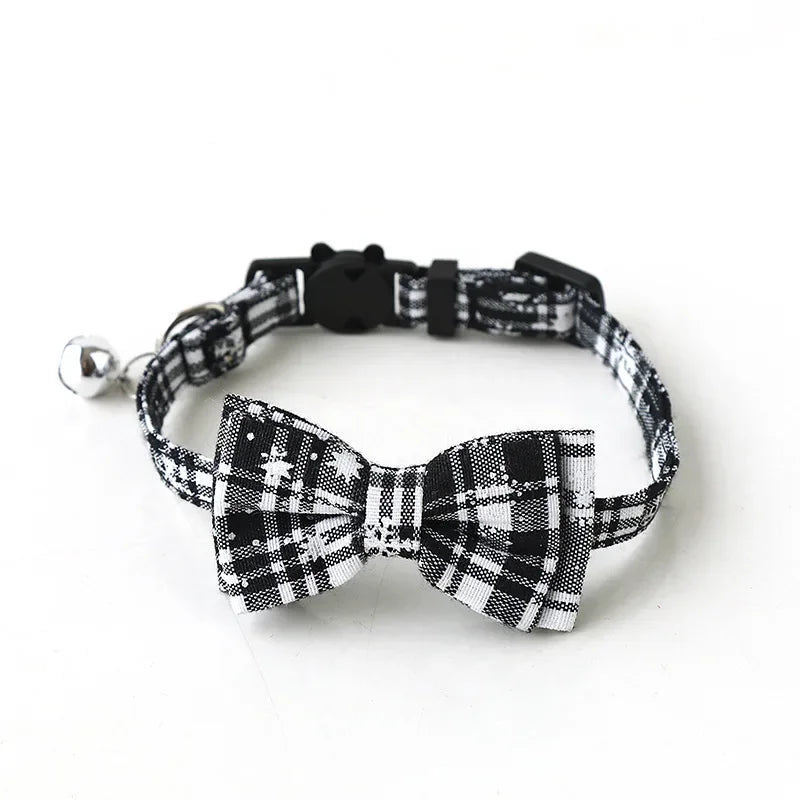 Christmas Bowknot Plaid Pet Collar With Festive Bell Breakaway Buckle