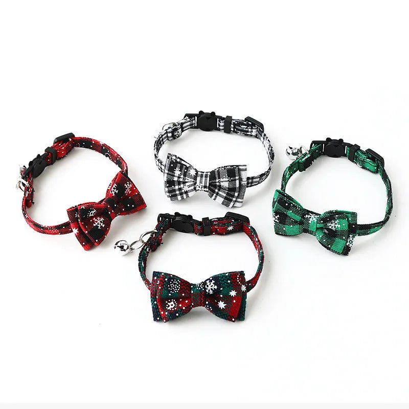 Christmas Bowknot Plaid Pet Collar With Festive Bell Breakaway Buckle