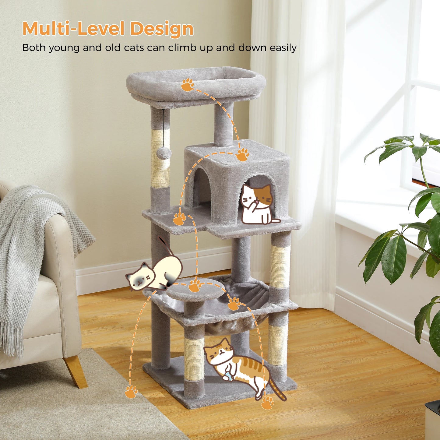 PETEPELACN Cat Tree For Indoor Cats 5-Level Cat Tower With Metal Frame Hammock Condo And Top Perch