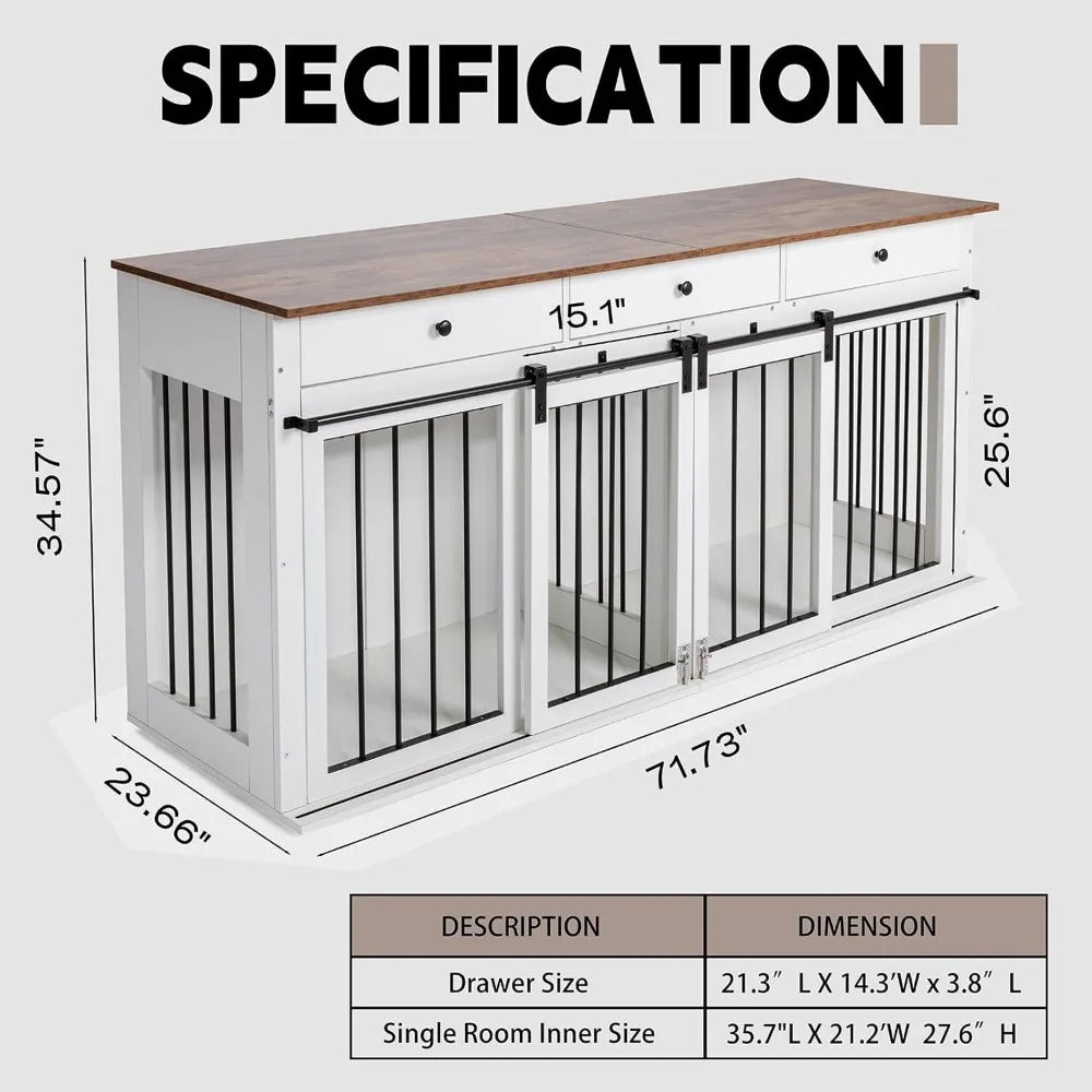 Dog Crate Furniture 72'', Wooden Dog Kennel Furniture with 3 Drawers, XXL Heavy Duty Dog Crate Indoor TV Stand with Double Doors
