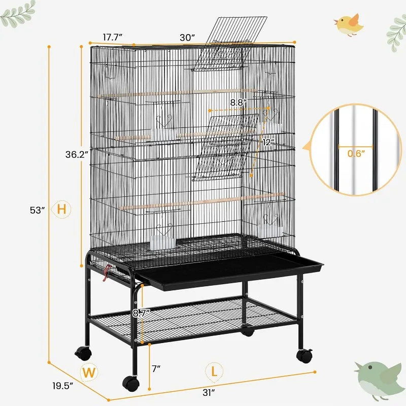 NEW 53'' Large Bird Cage Budgie Cage for Parakeets Cockatiels Conures Lovebirds Parrots with Rolling Stand