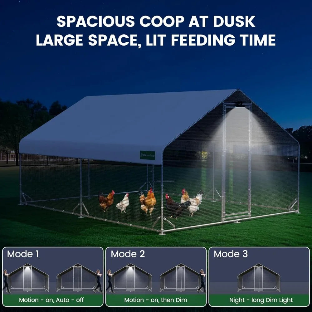 Large Walk-in Metal Chicken Coop with Chicken Run & Hardware Cloth, Solar Light, Waterproof & UV-Resistant Cover, Outdoor Poultr