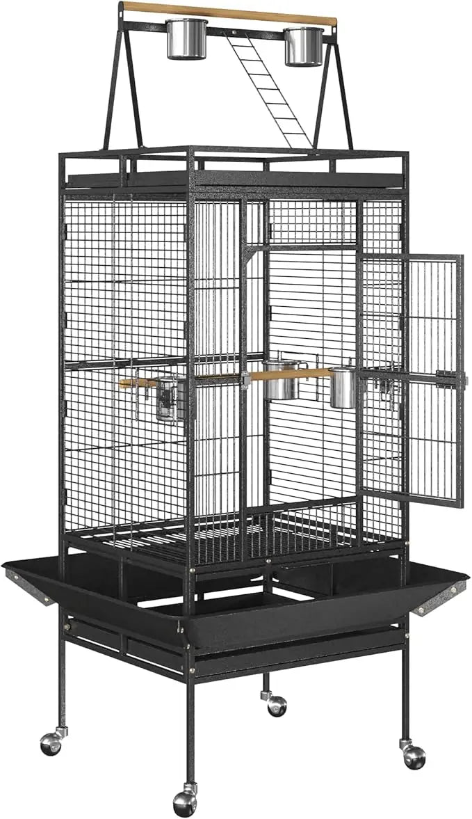Playtop Parrot Cage With Wrought Iron Construction And Rolling Wheels for Mobility