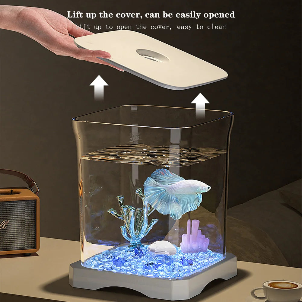 Aquarium Starter Kit, Mini Desktop Rectangular Betta Fish Tank With Top Feeding Hole & Built-in Bottom Light Tabletop Decoration