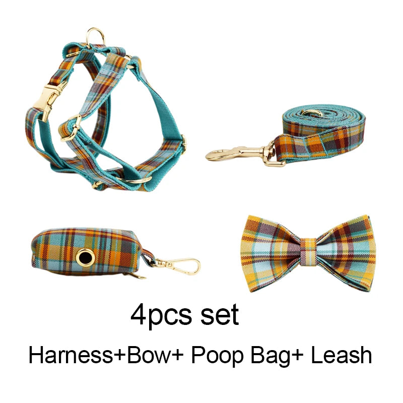 YTYINCN Designer Plaid Dog Collar Set With Leash, Harness and Stylish Bow Tie