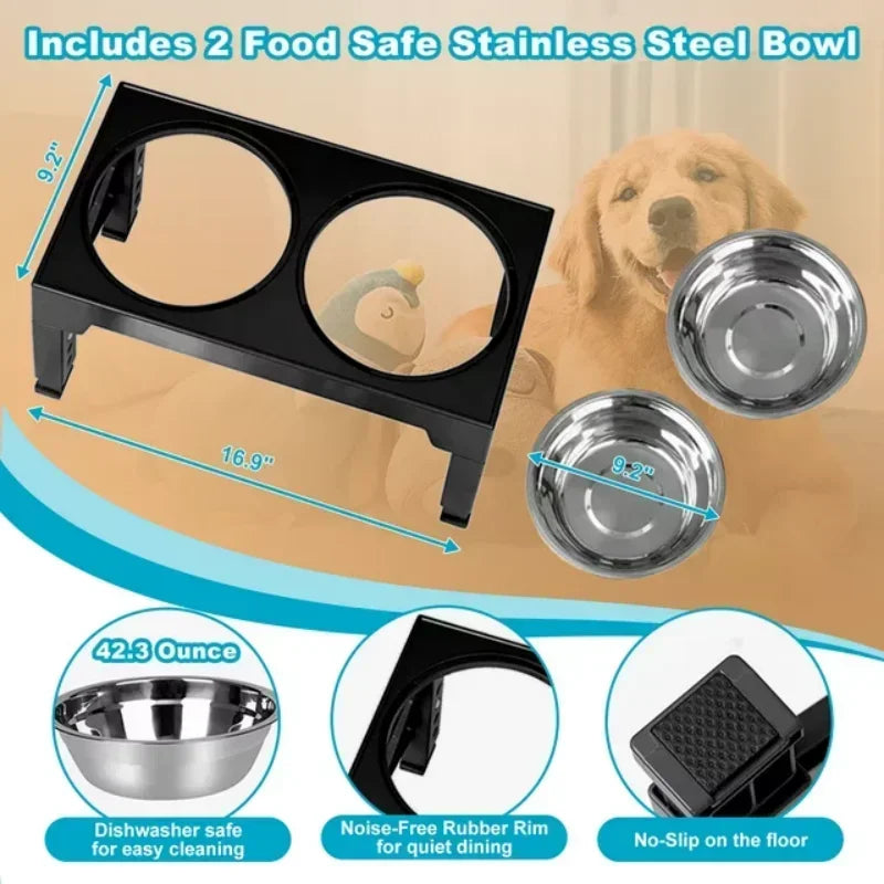 5 Height-Adjustable Raised Dog Bowl Racks with 2 Stainless Steel Food Bowls, Dog Bowl for Large Dogs and Cats (Black)