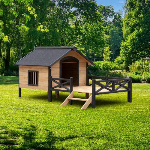 Unique All-Around Iron Frame,Outdoor Large Wooden Cabin House Style Wooden Dog Kennel with Porch