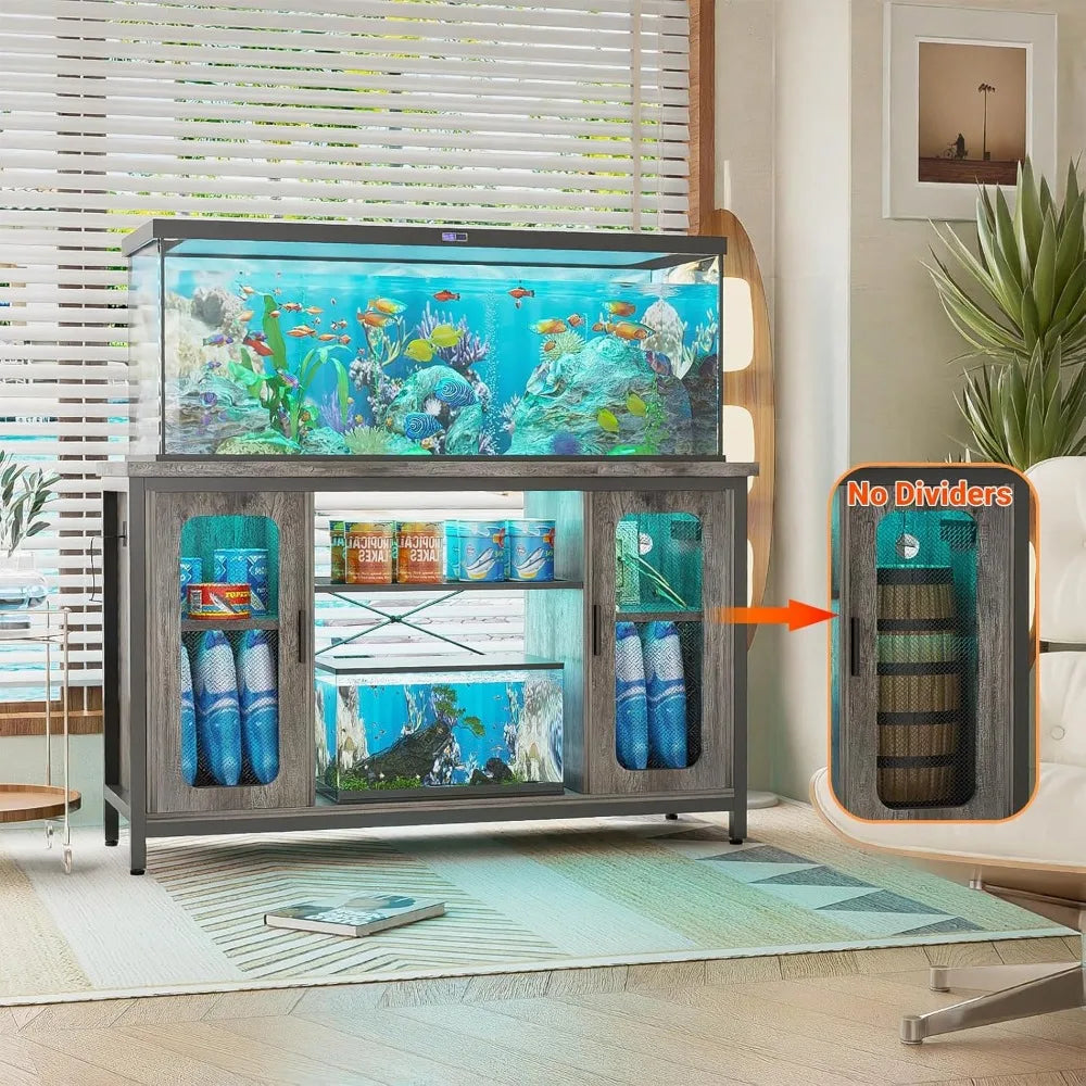 Reptile Tank Stand Fish Tank Stand with Power Outlets & LED Light, 55-75 Gallon Reversible Terrarium Stand with Cabinet, Metal