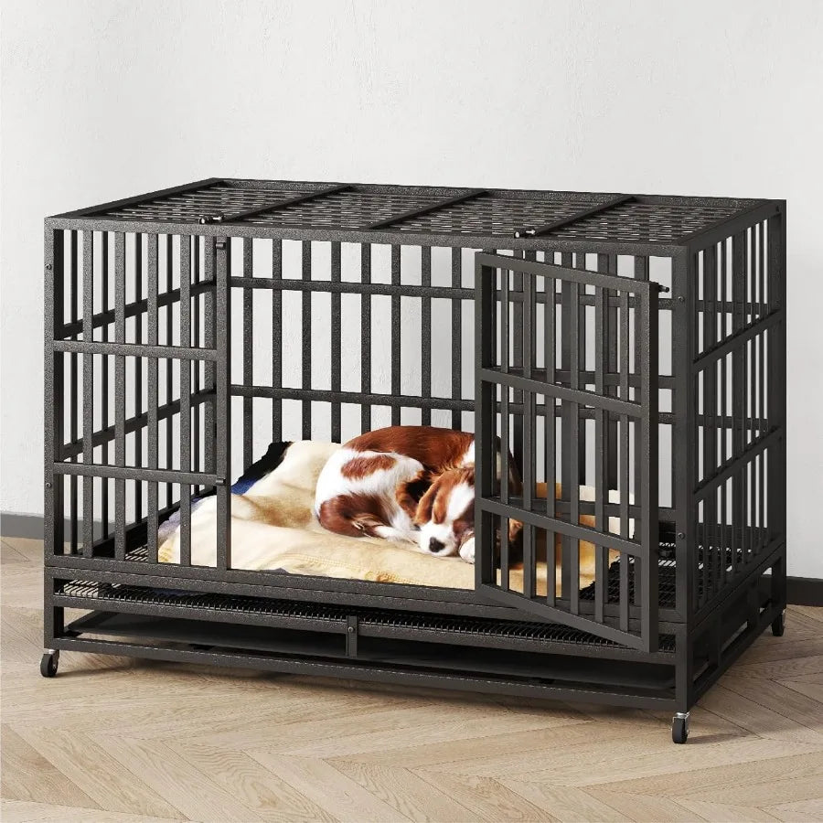 Heavy Duty Indestructible Dog Crate Steel Indoor Double Door Escape Proof Wheels