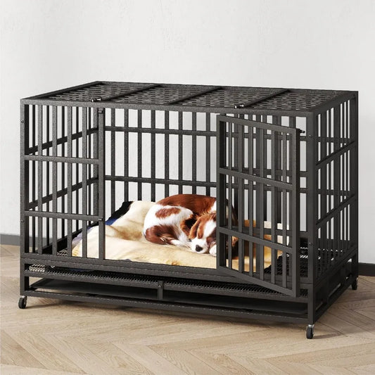 Heavy Duty Indestructible Dog Crate Steel Indoor Double Door Escape Proof Wheels